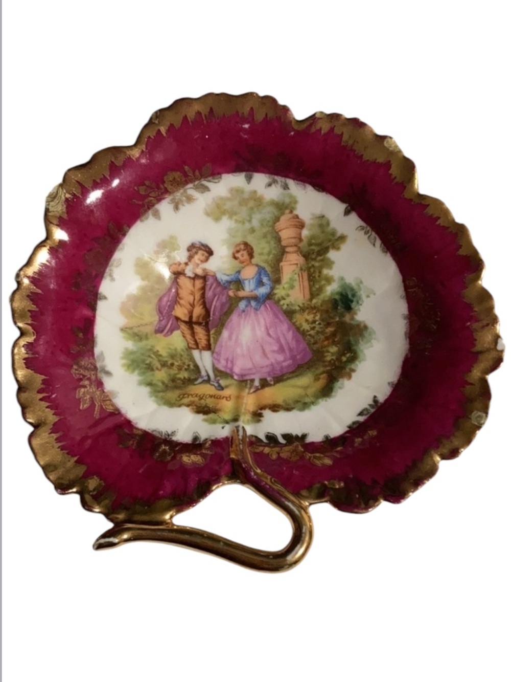 F & F Limoges France Trinket Dish Tray Gilded Gold Victorian Finger Handle rare